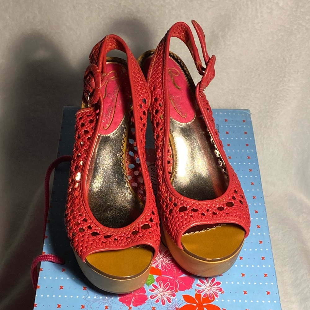 IC Poetic License platform sling back peep toe sandal,dark pink basketweave,US 7 - Picture 3 of 13